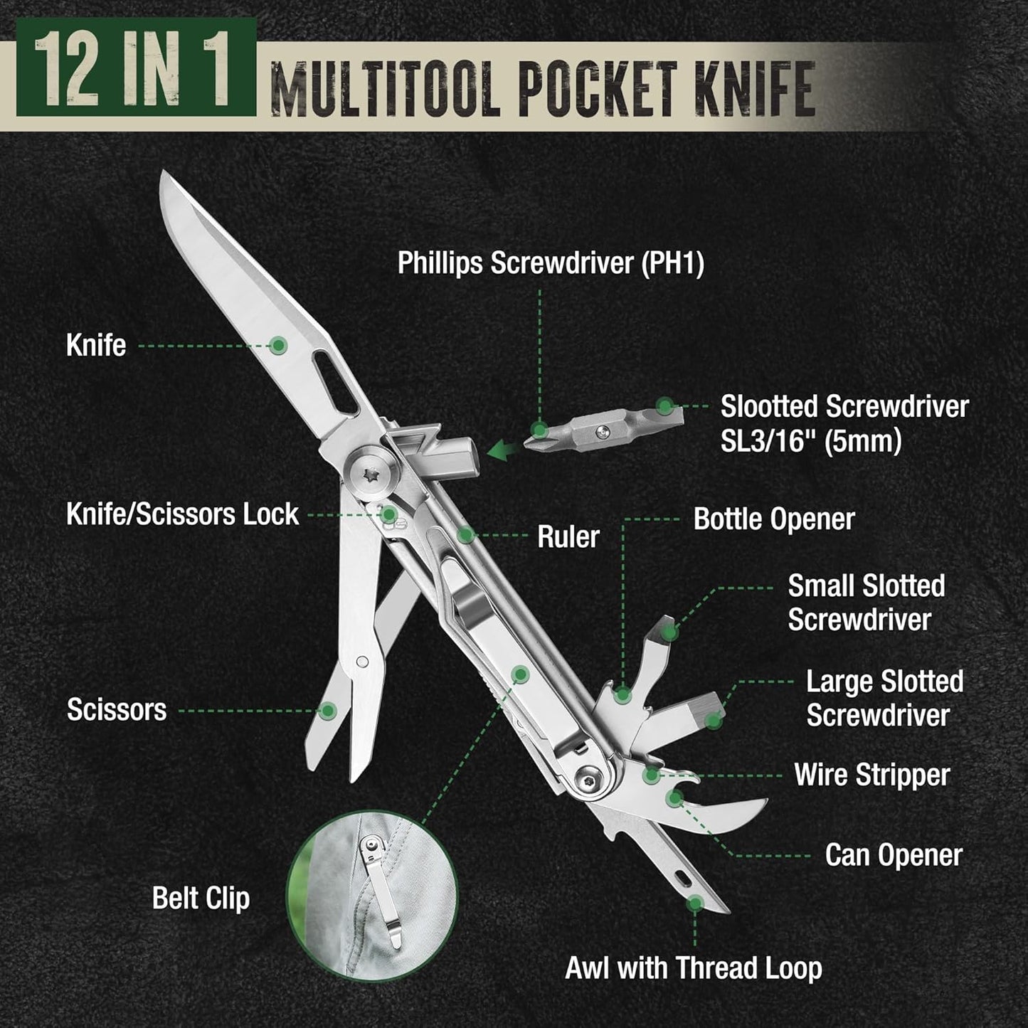 Mossy Oak 12-in-1 Multitool Pocket Knife with Pouch, Stainless Steel Multitool Knife with Clip, Survival Tools with Scissors, Bottle Opener, Wire Stripper, Glass Breaker, Screwdriver