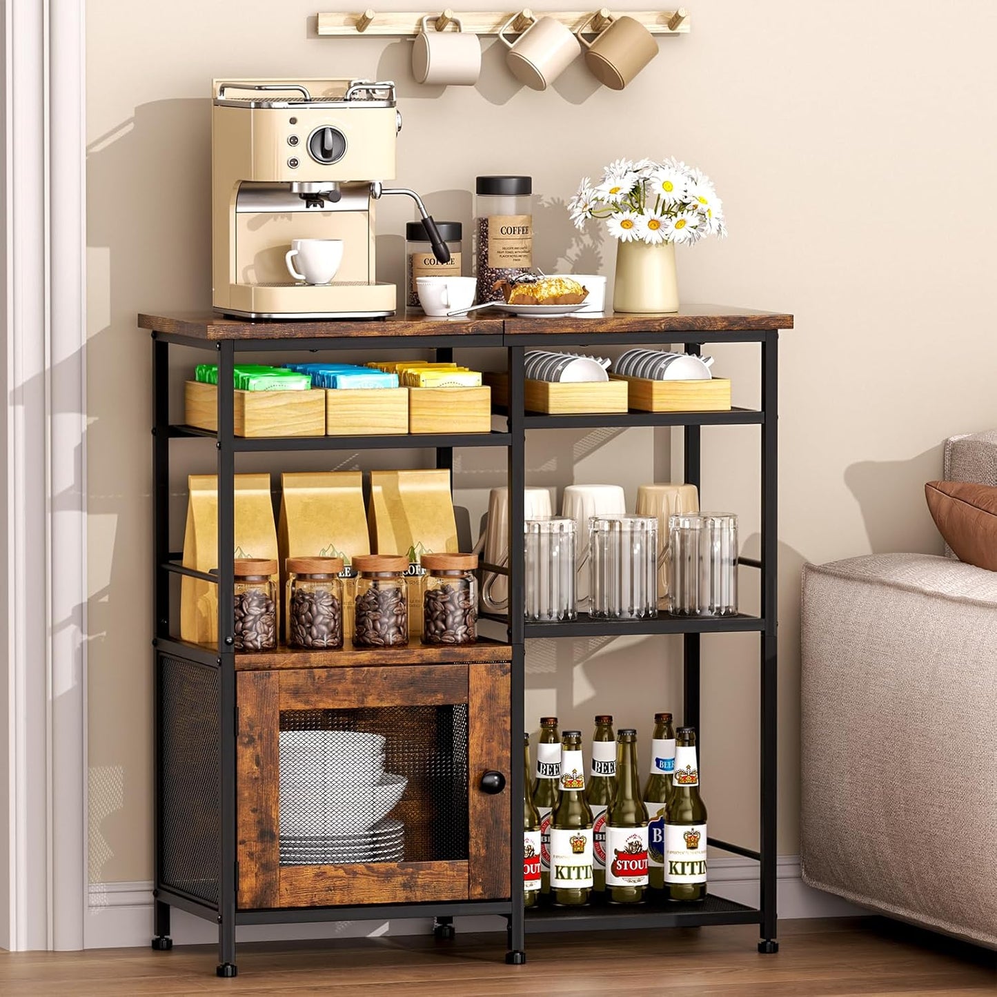 SWTYMIKI Coffee Bar Cabinet Station - Farmhouse Small Coffee Stand Station with Doors, Rustic Storage Organizer for Kitchen, Buffet Sideboard Cabinet Table for Home, Office, Corner, Bar, Espresso