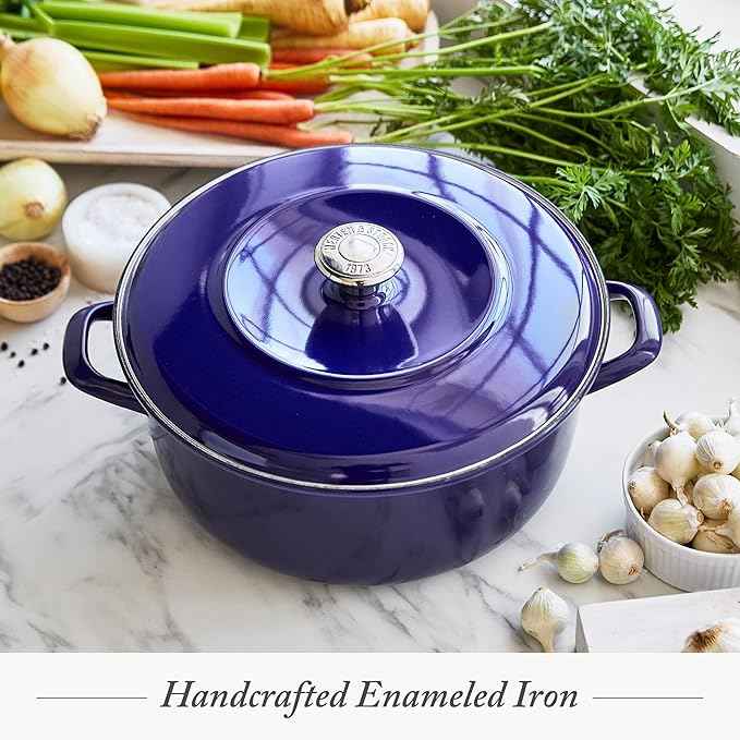 Merten & Storck 5.3QT Round Dutch Oven Casserole Pot with Lid, European Crafted Enameled Iron Stockpot, Induction & All Cooktops, Braising, Stews, Roasting, Slow Cooking, Sourdough, Cobalt Blue