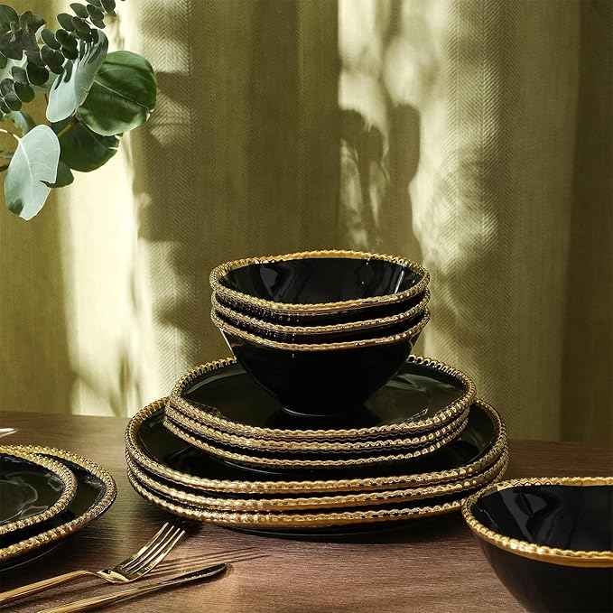 Christian Siriano Akoya Porcelain Dinnerware Set, 24-Piece - Dish Set for 8, Plates and Bowls Set, Black and Gold