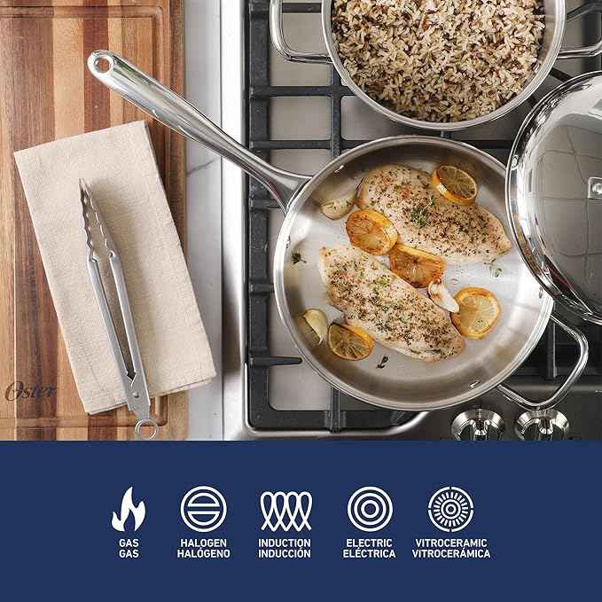 Oster Platinum Sedwick Stackable Stainless Steel Pots and Pans Cookware Set W/Domed Stainless Steel Lids W/TriPly Encapsulated Base - Induction Safe