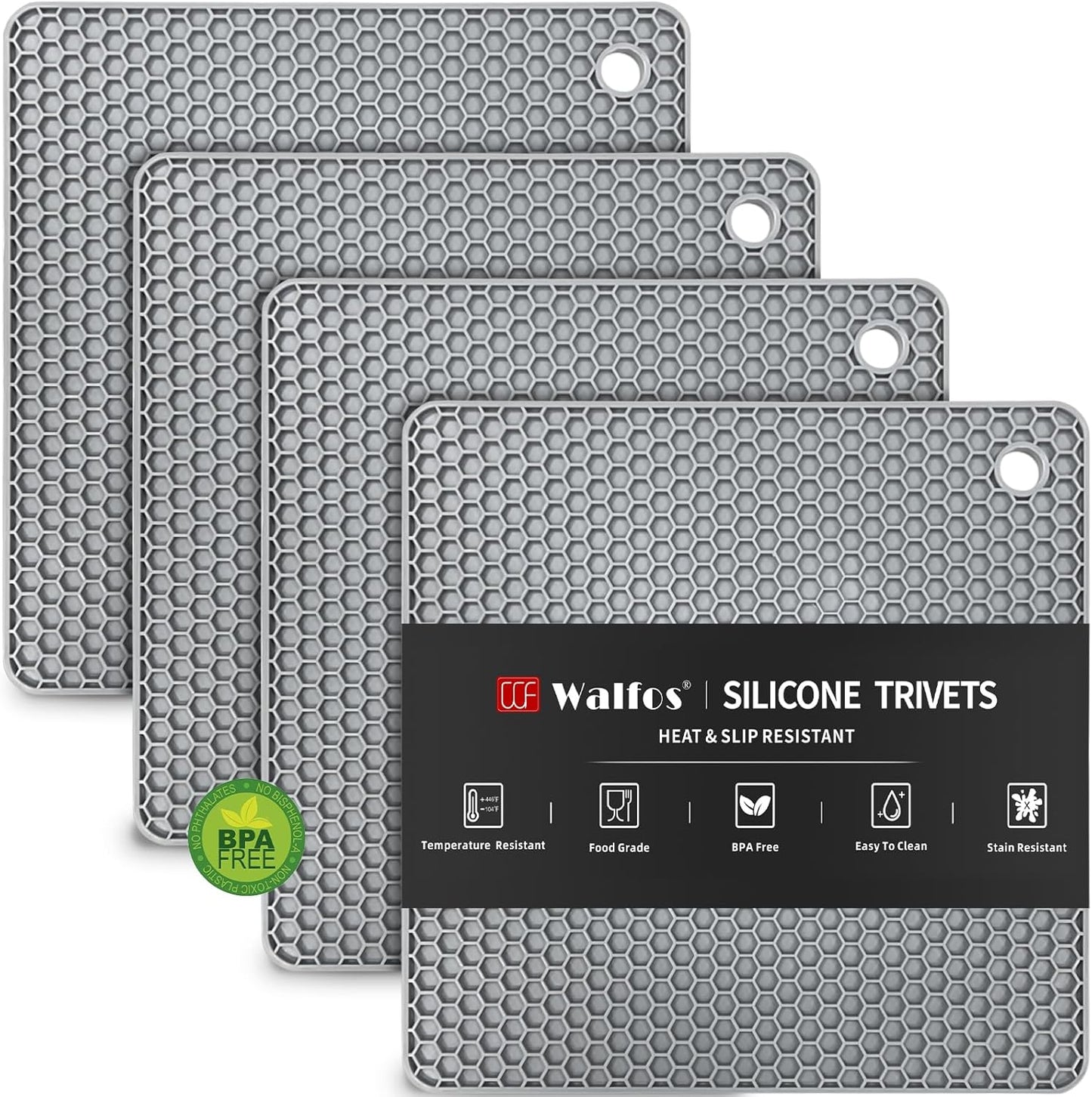 Walfos Silicone Trivet Mats - 4 Heat Resistant Pot Holders, Multipurpose Non-Slip Hot Pads for Kitchen Potholders, Hot Dishers, Jar Opener, Spoon Holder, Food Grade Silicone & BPA Free (Square)