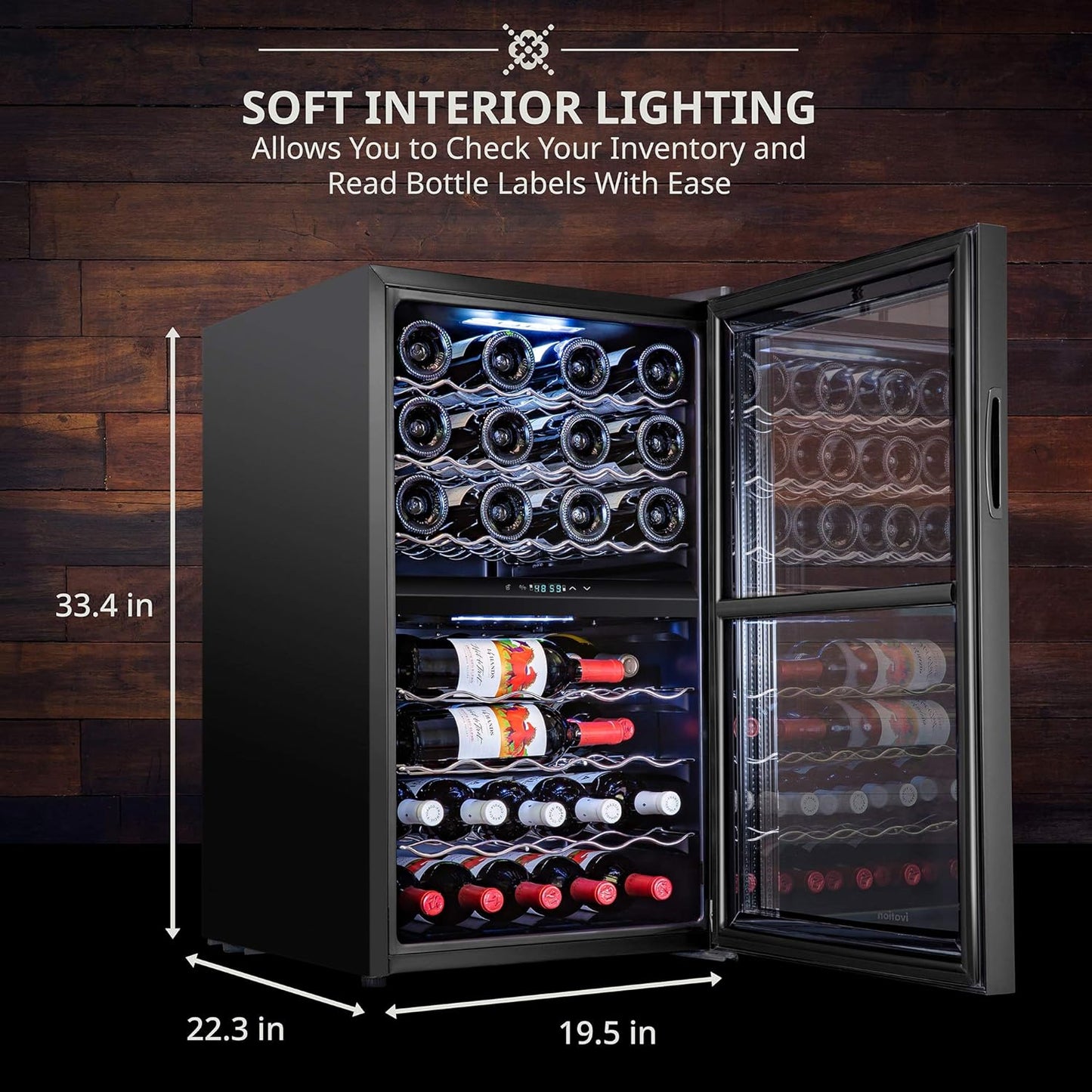 Ivation 43 Bottle Dual Zone Wine Cooler Refrigerator w/Lock | Large Freestanding Wine Cellar For Red, White, Champagne & Sparkling Wine | 41f-64f Digital Temperature Control Fridge Glass Door Black