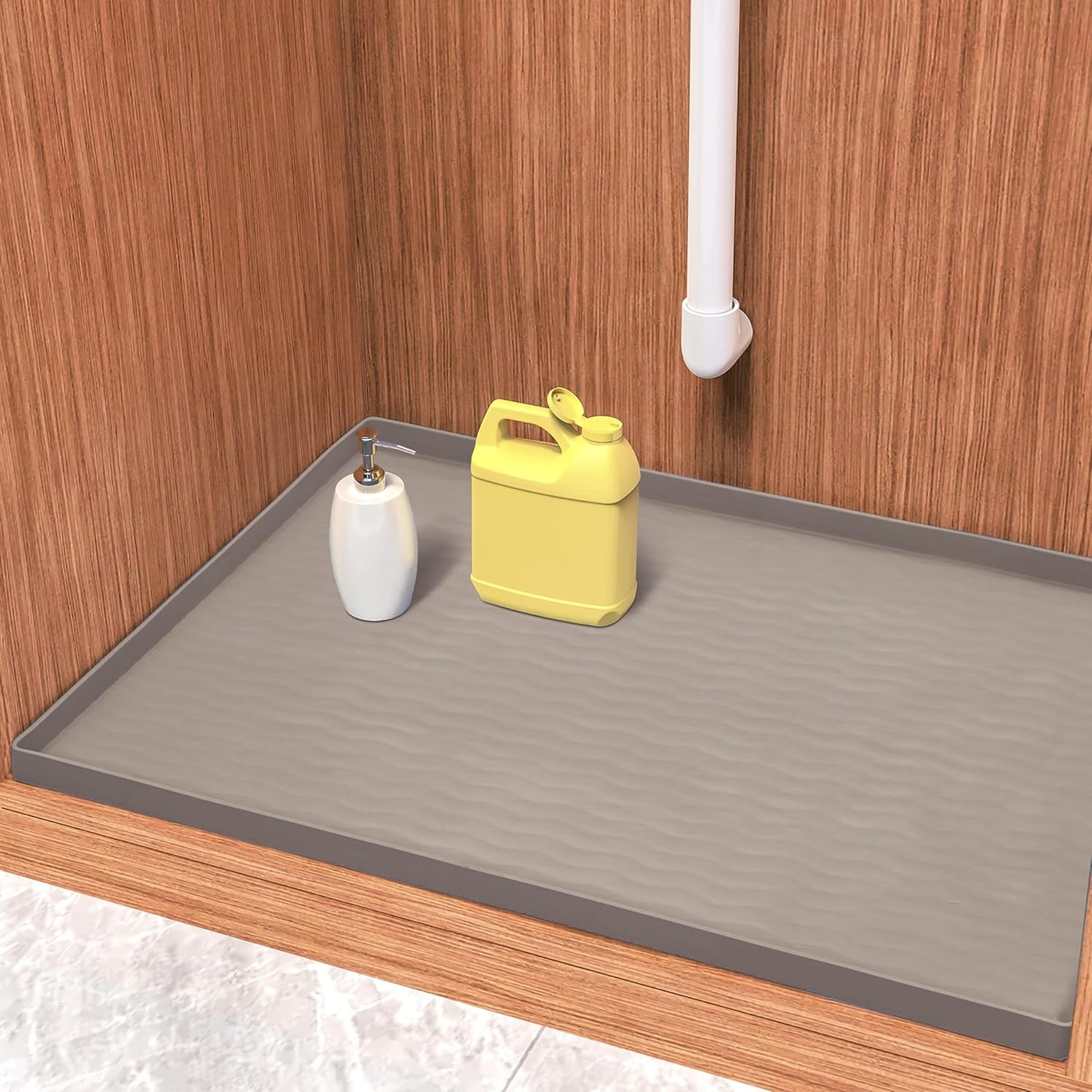 URMONA Waterproof Silicone Under Sink Mat 34'' x 22'' Shelf Liner for Kitchen and Bathroom, Cabinet and Counter Protector, Storage and Organizers, Litter Mat, Pet Cat Puppy Essentials(Beige)
