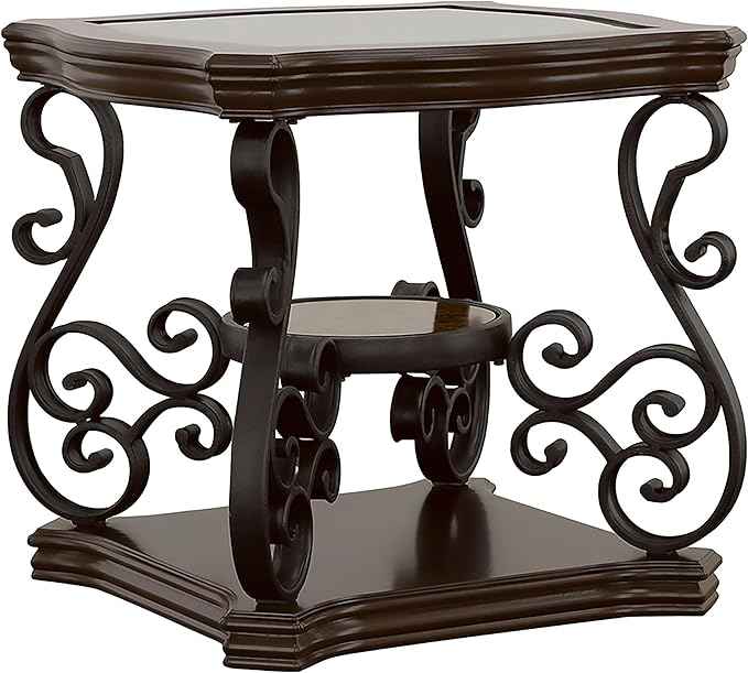 Coaster Home Furnishings - Laney - 1-Shelf Glass Top Rectangular End Table with Metal Legs, Scrollwork Design and Polished Wood Surface - Living Room - 26-Inch - Dark Merlot - 702447