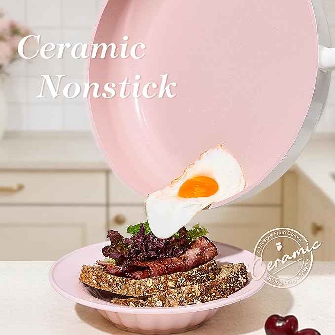 CAROTE Ceramic Cookware Set Nonstick, 15pcs Pots and Pans Set Non stick, Non Toxic Cookware,Dishwasher,RV/Camping Cookware Set, Pan and Pot with Kitchen Utensils, Pink