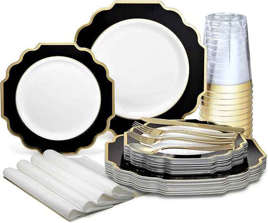 " OCCASIONS " 320 Piece set (40 Guests)-Heavyweight Wedding Party Disposable Plastic Plate Set - 40 x 10.5'' + 40 x 8'' + Silverware + Cups + Napkins (Imperial in White & Black & Gold)