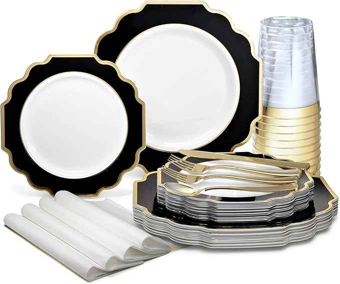 " OCCASIONS " 640 Piece set (80 Guests)-Heavyweight Wedding Party Disposable Plastic Plate Set - 80 x 10.5'' + 80 x 8'' + Silverware + Cups + Napkins (Imperial in White & Black & Gold)