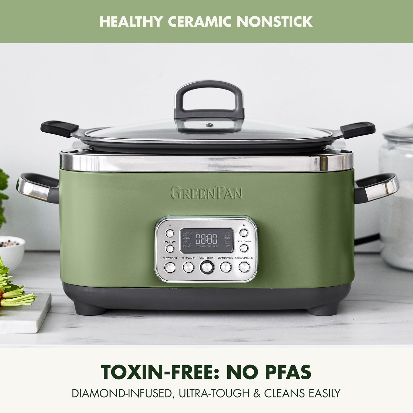 Elite 14-in-1 Nonstick 6QT Electric Slow Cooker, PFAS-Free Ceramic Multi-Cooker, In-Pot Browning, Dishwasher Safe Lid & Removable Crock, Stainless Steel Steamer, Silicone Handles, Sage Green (6 Quarts / Sage Green)