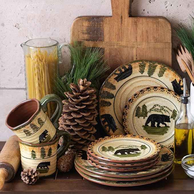 Paseo Road Rustic Bear 16 Piece Ceramic Dinnerware Set with Plates, Bowls and Mugs, Rustic Cabin Lodge Style