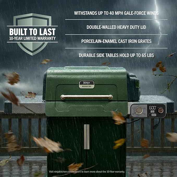 Ninja FlexFlame Grill and Smoker | Electric and Propane Grill, Roaster, BBQ Grill | 5-in-1 Cooking System | 3 Burner | Digital Control | Outdoor Cooking, Griddle, Pizza Maker | Green | PG301GN