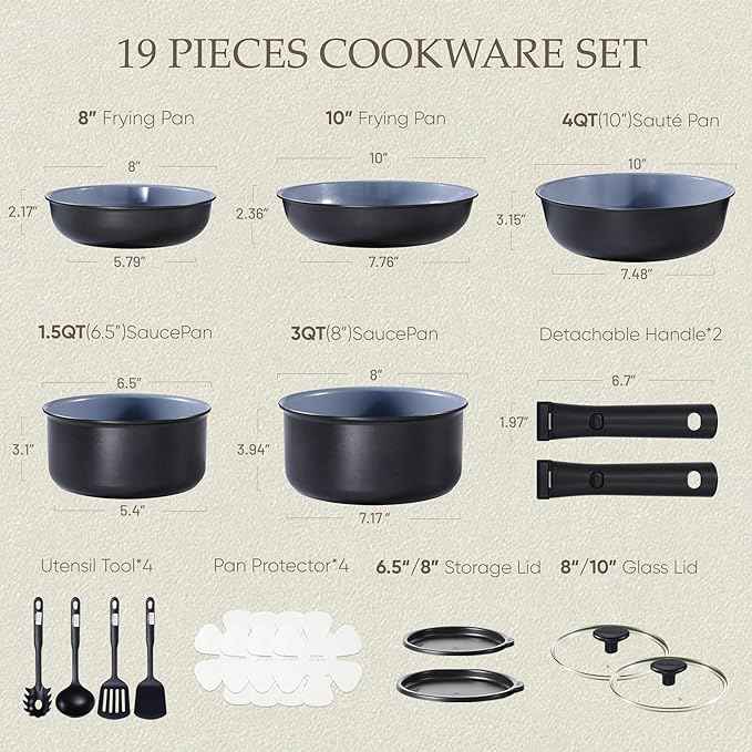 CAROTE 19PCS Ceramic Cookware Sets, Black and Gray, Pots and Pans Set Non Stick Non Toxic, Induction Cookware, Kitchen Cookware Sets, Pots Set for Healthy Cooking