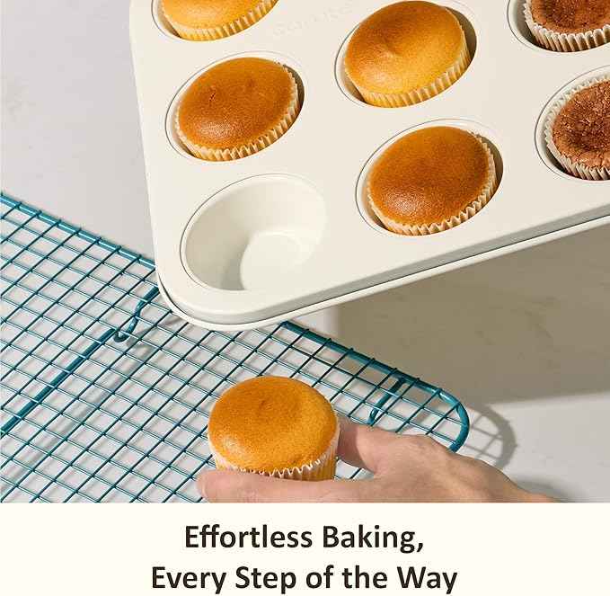 CAROTE 7-Piece Nonstick Ceramic Baking Pans Set - Bakeware Sets Including Cookie Sheets for Baking, Muffin Pan, Bread Pan, Cake pan, Loaf Pan, Roasting Pan, and Cooling Rack, LIght Blue & White