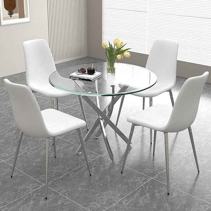 AF ARTISAN FURNITURE 36" Round Glass Dining Table for 4, Stainless Steel Legs & Tempered Glass Top, Modern Circle Leisure Table for Home Office Kitchen Dining Room Small Spaces (Silver Legs)