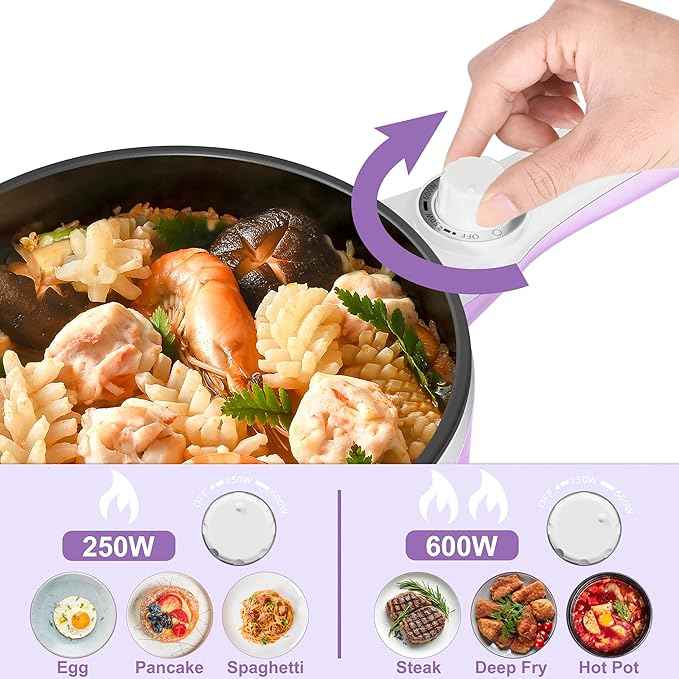 Dezin Hot Pot Electric with Steamer Upgraded, Non-Stick Sauté Pan, Rapid Noodles Electric Pot, 1.5L Mini Pot for Steak, Egg, Fried Rice, Ramen, Oatmeal, Soup with Power Adjustment