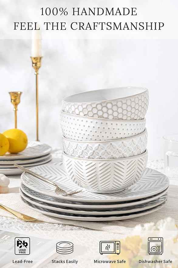 16-Piece Ceramic Plates and Bowls Set,Dual Bowl Dish Set with Dinner & Pasta Bowls，Elegant Embossed Dinnerware for Modern Homes,for Microwave & Dishwasher Safe