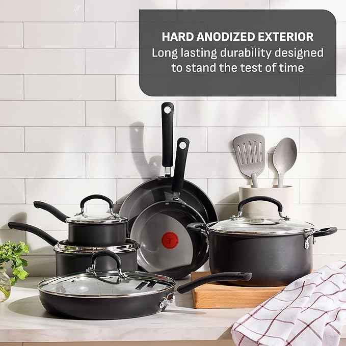 T-Fal Ultimate Hard Anodized 12-Piece Ceramic Nonstick Cookware Set, Oven Safe Up to 400°F, Ceramic Pots and Pans Set, Frying Pans, Saucepan, Stockpot, Cooking Utensils, Grey