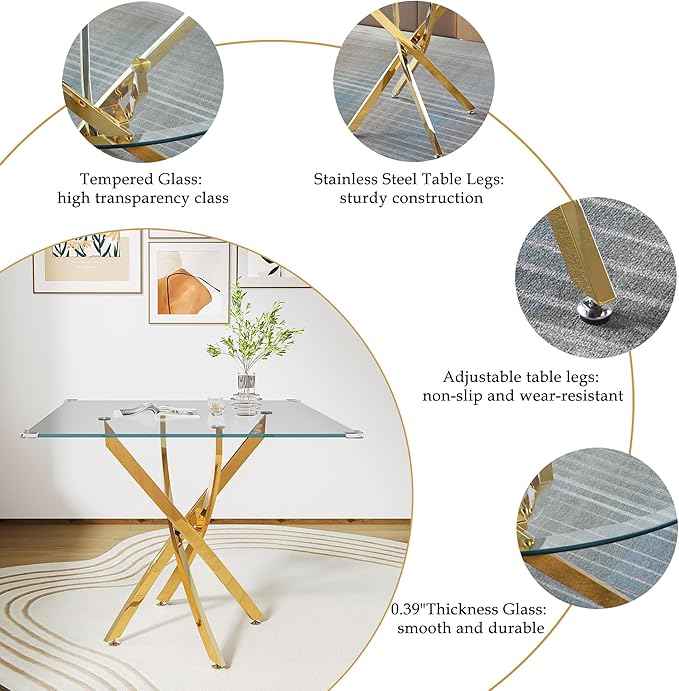 AF ARTISAN FURNITURE Square Glass Dining Table for 4, 36'' Modern Kitchen Table with Tempered Glass Top, Dining Table for Office Kitchen Living Meeting Room Small Space, Golden