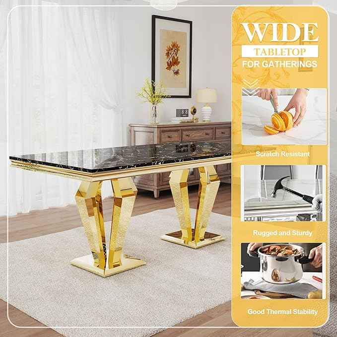 7 Piece Luxury Dining Room Set, Modern Dining Table and Upholstered Chairs Set, Marble Kitchen Table Set for 6, Big Kitchen Dinner Tables Kit with Silver Base
