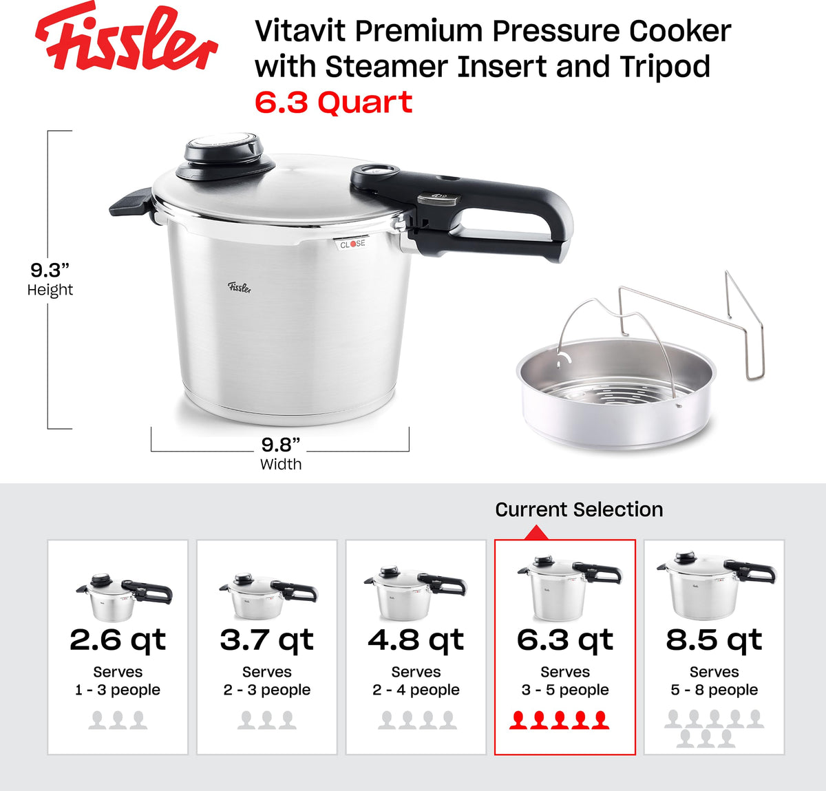 Vitavit Premium Pressure Cooker with Steamer Insert (6.3 Quarts / Silver)