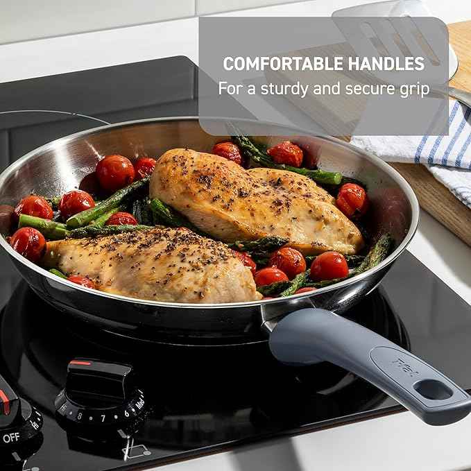 T-fal Essentials Stainless Steel Cookware Set, 2-Piece 8" and 10.5", Induction Compatible, Oven Safe 350F, Pots and Pans Set, Cooking Skillets, Cookware, Kitchen Frying Pans, Silver/Blue