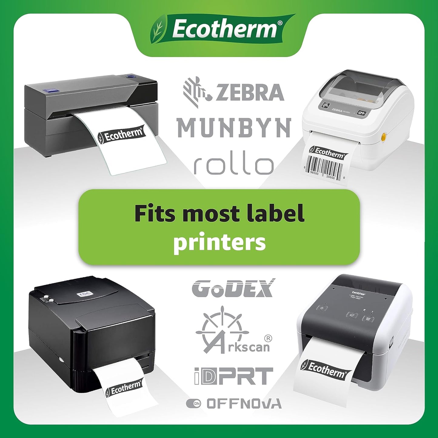 4" x 3" Thermal Labels | 6 Rolls | 5580 Labels | fits Zebra, Munbyn, Rollo, Godex, Arkscan, iDPRT, Offnova Thermal Label Printers and More | Blank White Adhesive Stickers by Ecotherm