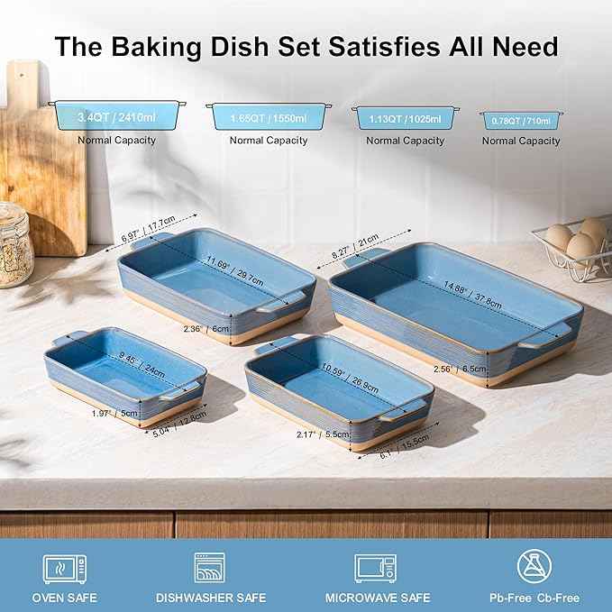 Casserole Dishes for Oven, Baking Dishes, Ceramic Bakeware Sets of 4, Rectangular Baking Pan Set with Handles for Baking, Casserole, Kitchen, Wedding Gift (Blue Yellow)