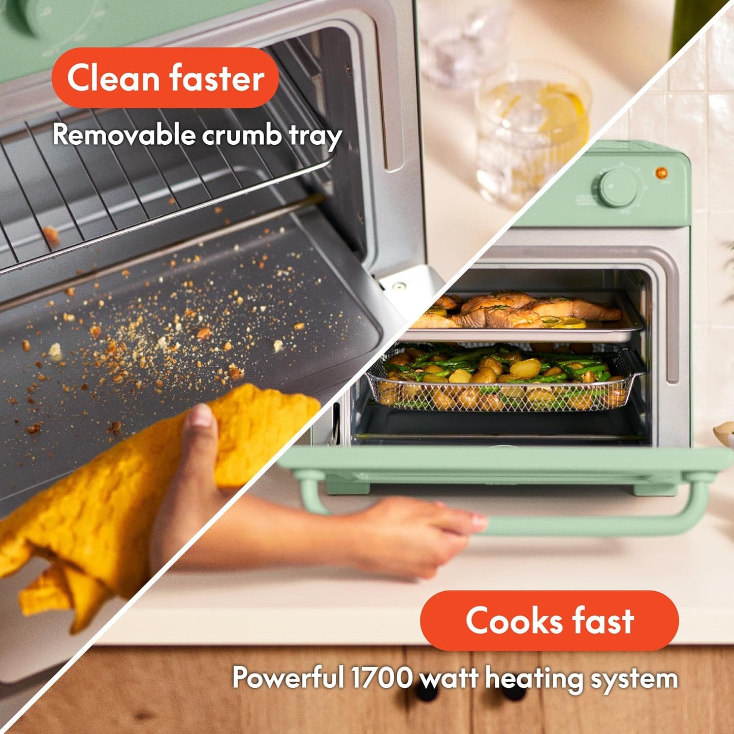 bella Air Fry Toaster Oven, 7 Preset Cooking Options, Dishwasher-Safe EverGood Coated Trays Included, 60-Minute Auto Shutoff w Audible Timer, Power Indicator Light, 1700 Watt, Seaglass