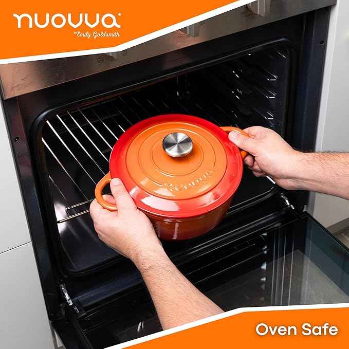 Cast Iron Pot with Lid – Non-Stick Ovenproof Enamelled Casserole Pot, Oven Safe up to 500° F – Sturdy Dutch Oven Cookware – Orange, 5-Quart, 24cm – by Nuovva