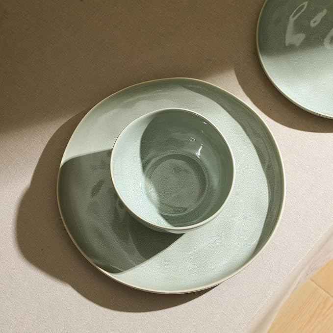 Stone Lain Mirella 12-Piece Stoneware Dinnerware Set for 4 – Reactive Glaze Light Green – Includes Dinner Plates, Salad Plates & Deep Bowls – Organic Modern Design, Microwave & Dishwasher Safe