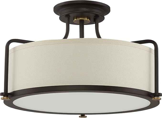 Quoizel Rigel Semi-Flush Mount Ceiling Light Fixture, 18 Inch 3-Light 100W Western Bronze Hanging Light with Beige Fabric & Frosted Glass Shade for Hallway, Kitchen, Bedroom, Living Room or Office