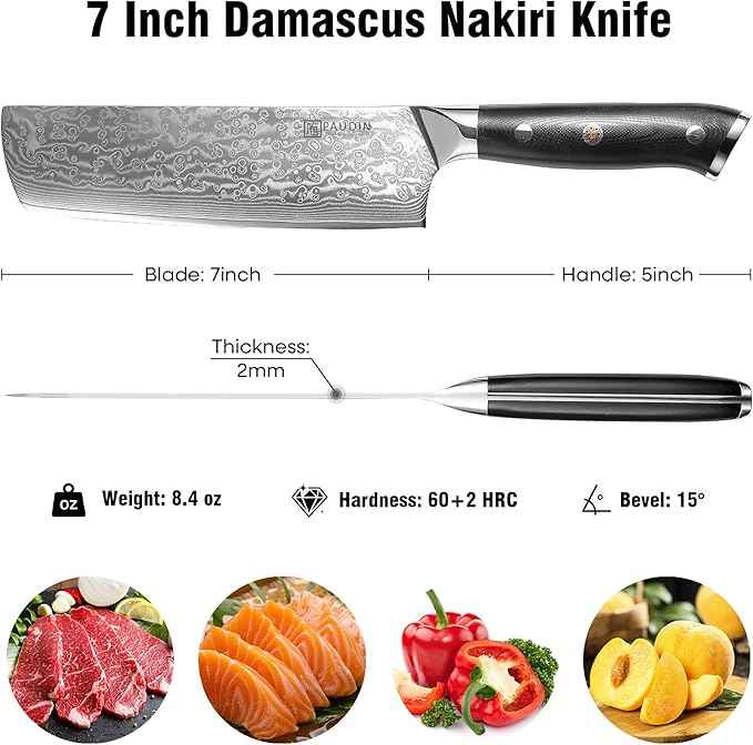 PAUDIN Nakiri Knife 7'', Damascus Chef Knife, Japanese VG-10 Stainless Steel, Kitchen Knife with G10 Full Tang Handle, Razor Sharp 67-Layer Forged Blade