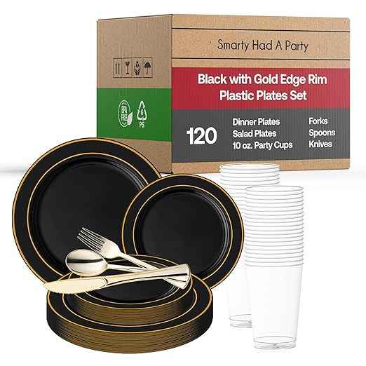 720 PCS Premium Plastic Dinnerware Set for 120 Guests, Black and Gold Rim Plates Disposable Heavy Duty, Including 120 Dinner Plates, 120 Dessert Plates, 120 Cups 10 oz. & 120 Gold Cutlery Set