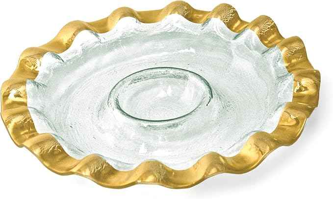 Annieglass Ruffle 14.75 Inch Round Chip and Dip Server with 24k Gold, Timeless Glass Tableware for all Occasions, Made in the USA