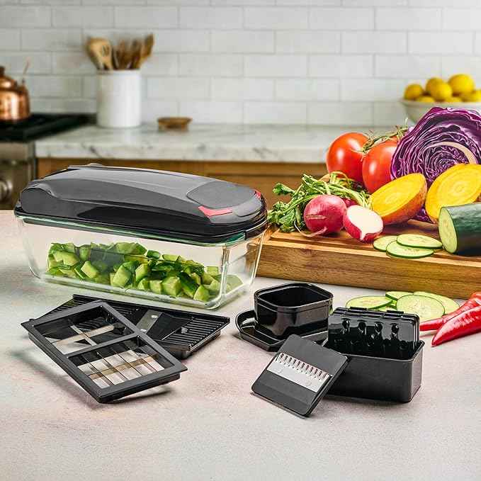 Le'raze 13-in-1 Vegetable Chopper Pro with Glass Container, Stainless Steel Blades, BPA-Free, Mandoline Slicer, Manual