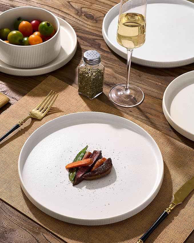 Stoneware Dinnerware Sets, Handcrafted Double Reactive Glaze Plates and Bowls for Everyday & Formal Dining, Microwave & Dishwasher Safe, Scratch Resistant Dishes for 4 (12-Piece), Matte Reactive White