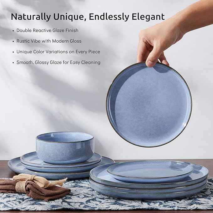 E-far 24-Piece Reactive Glaze Dinnerware Sets, Ceramic Dishes Set for 8, Stoneware Plates and Bowls Dinning Ware, Microwave & Dishwasher Safe - Ocean Blue