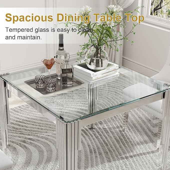 35'' Modern Square Glass Dining Table for 4 People,Tempered Glass Top Dining Room Table with Stainless Steel Base, Glass and Silver Dining Table for 4, Rectangle Dining Kitchen Table for Dinner