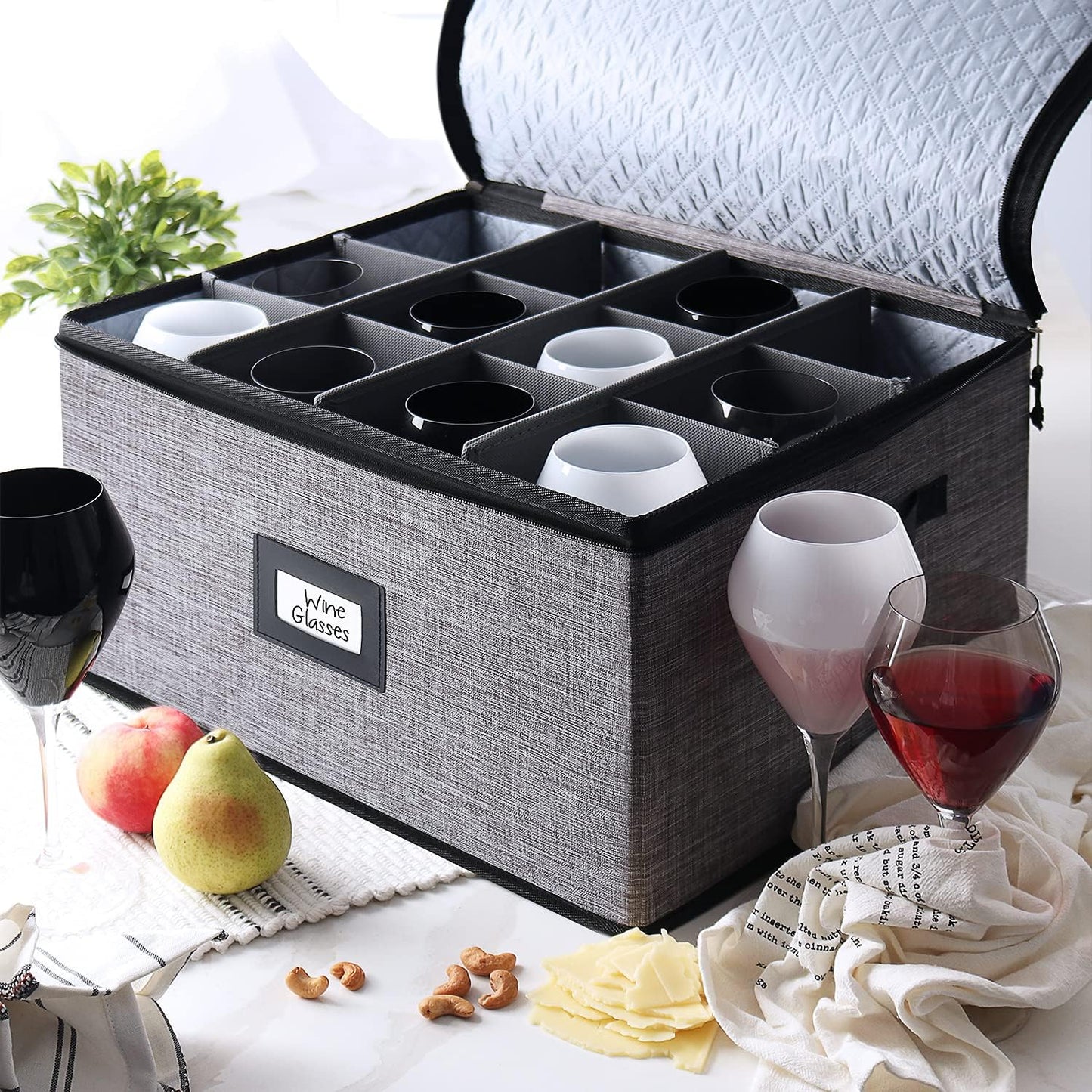 Wine Glass Storage Box with Dividers, 2 Pack Stackable Stemware Storage Cases, Service of 24 Glassware Storage Containers, Quilted China Storage Containers for Moving and Seasonal Storage, Grey
