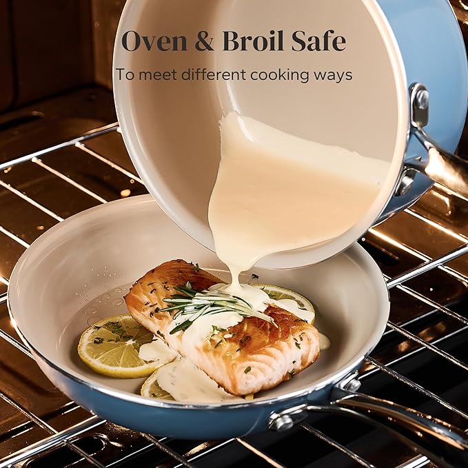 Redchef Sauce Pan Cookware Set, 8" Non-Stick Ceramic Frying Pan & 2.5QT Saucepans with Tempered Glass Lid, Stay-Cool Handle, Non Toxic PTFE & PFOA Free, Oven Safe & Stovetop Suitable, Blue