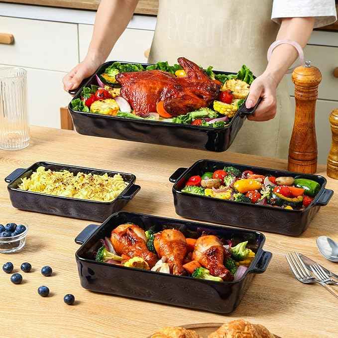 VICRAYS Ceramic Bakeware Set, Porcelain Rectangular Lasagna Pans Casserole Dish Set for Baking, Cooking, Kitchen, Cake Dinner, Banquet and Daily Use, 4 PCS, Blue(9.52"/11.06"/11.77"/14.56")