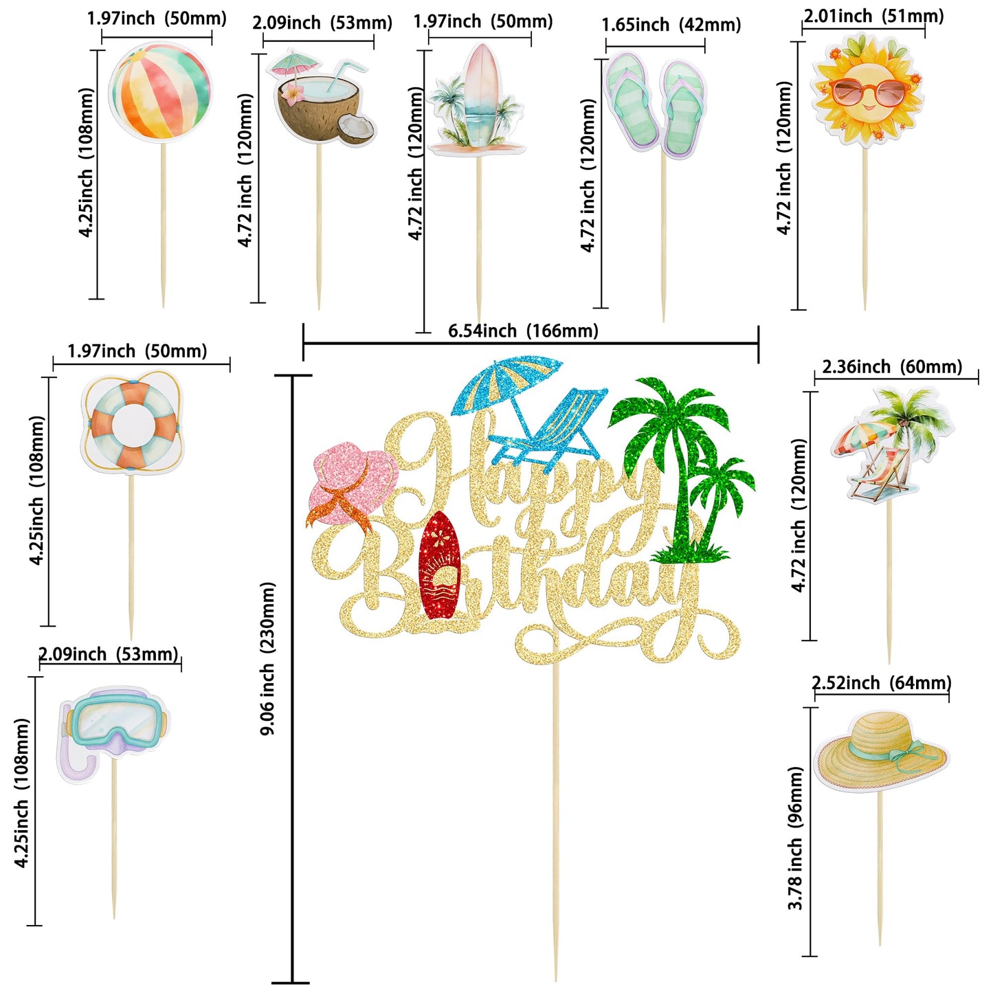 37Pcs Summer Beach Pool Cupcake Toppers Glitter Beach Happy Birthday Cake Topper Ball Sun Umbrella Water Gun Cupcake Picks for Tropical Hawaii Theme Birthday Party Decorations Supplies Gold (Gold 3)