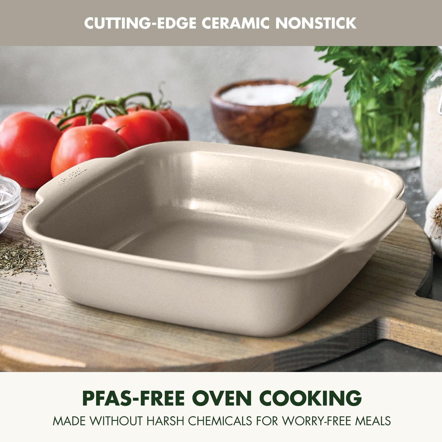 Premiere Ovenware Healthy Ceramic Nonstick 8" Square Cake Baking Pan (8" Square Cake Pan / Taupe)
