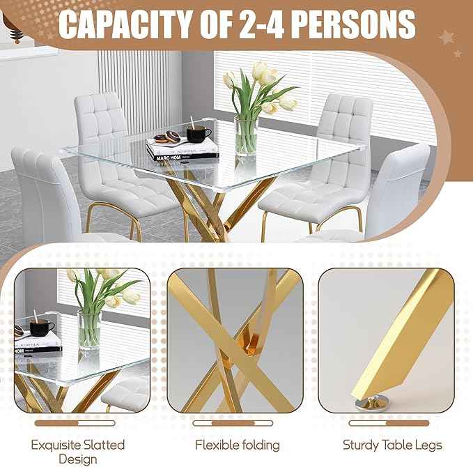 5 Piece Square Glass Dining Table Set, Round Tempered Glass Kitchen Table for 4, Modern Table with 4 High-Back Upholstered Chairs for Kitchen Dining Room (Gold Legs, 4 White Chairs)