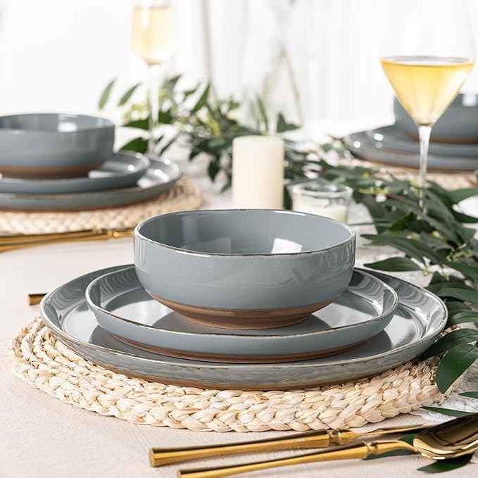 AmorArc Ceramic Dinnerware Sets for 4, 12 Pieces Handpainted Plates and Bowls Set with Rustic Terracotta Underside, Scratch Resistant Stoneware Dishes Set, Dishwasher & Microwave Safe