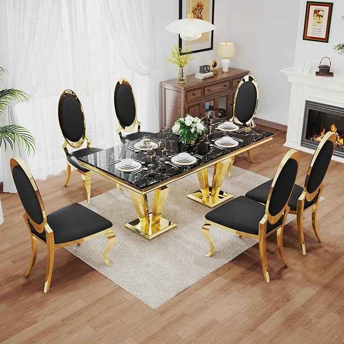 AF ARTISAN FURNITURE 7 Piece Luxury Dining Room Set, Modern Dining Table and Upholstered Chairs Set, Marble Kitchen Table Set for 6, Big Kitchen Dinner Tables Kit with Gold Base