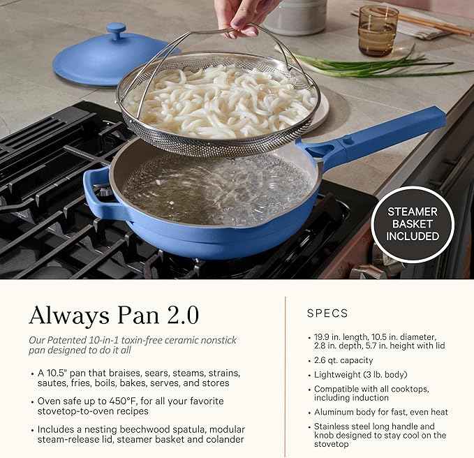 Our Place Cookware Duo | 7-Piece Ceramic Cookware Set with 10.5" Always Pan 2.0, 5.5 Qt Perfect Pot & Strainer Basket | Induction & Oven Safe up to 450°F | Nonstick, Non-Toxic | Forget-Me-Not Blue