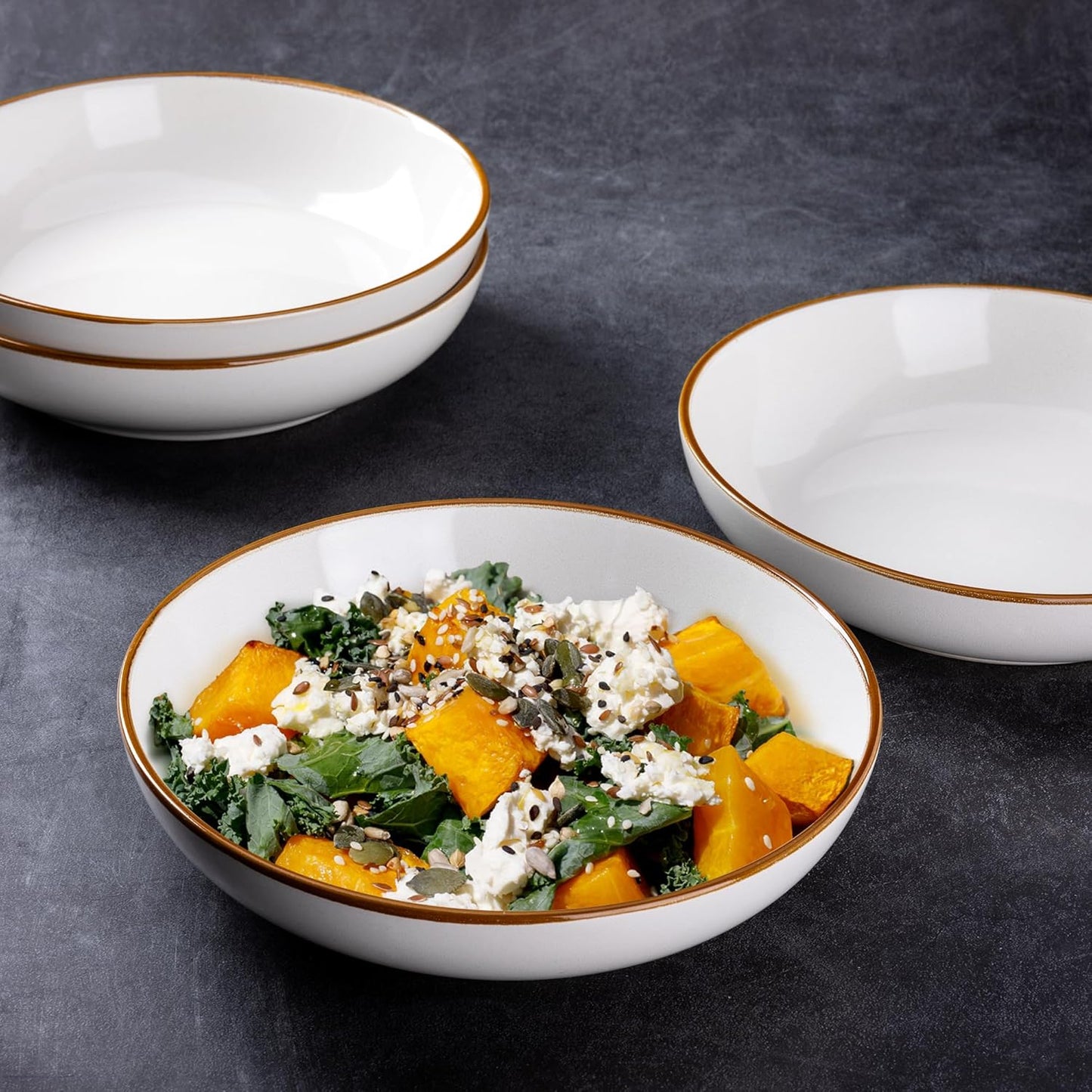 AmorArc 8.5'' Large Pasta Bowls, 36oz Ceramic Salad Serving Bowls Set of 4 for Kitchen, Wide Stoneware Bowls for Pasta,Salad,Fruit,Bread, Microwave Safe, Reactive-Pearl White