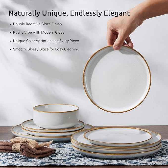 E-far Plates and Bowls Set for 2, 6-Piece Stoneware Dinnerware Sets, Ceramic Dinning Ware Reactive Glaze Dishes Set, Microwave & Dishwasher Safe - Seashell White