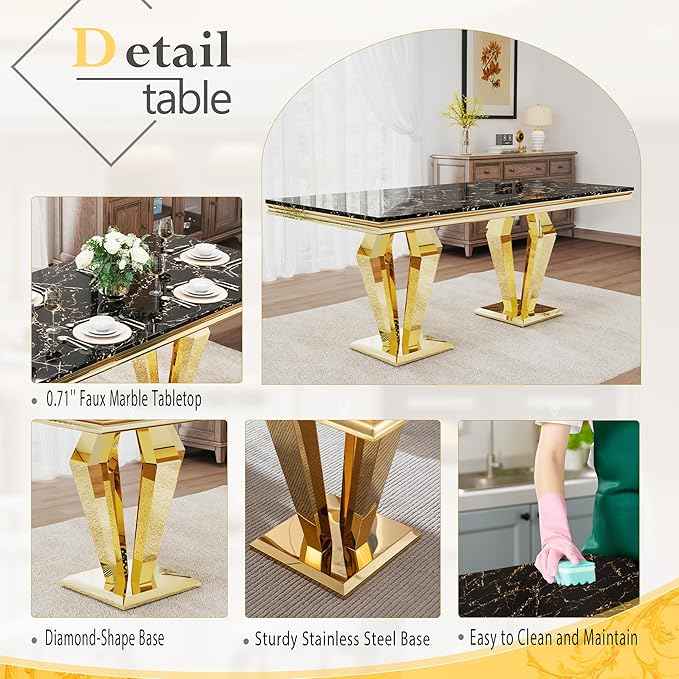 AF ARTISAN FURNITURE 7 Piece Luxury Dining Room Set, Modern Dining Table and Upholstered Chairs Set, Marble Kitchen Table Set for 6, Big Kitchen Dinner Tables Kit with Gold Base